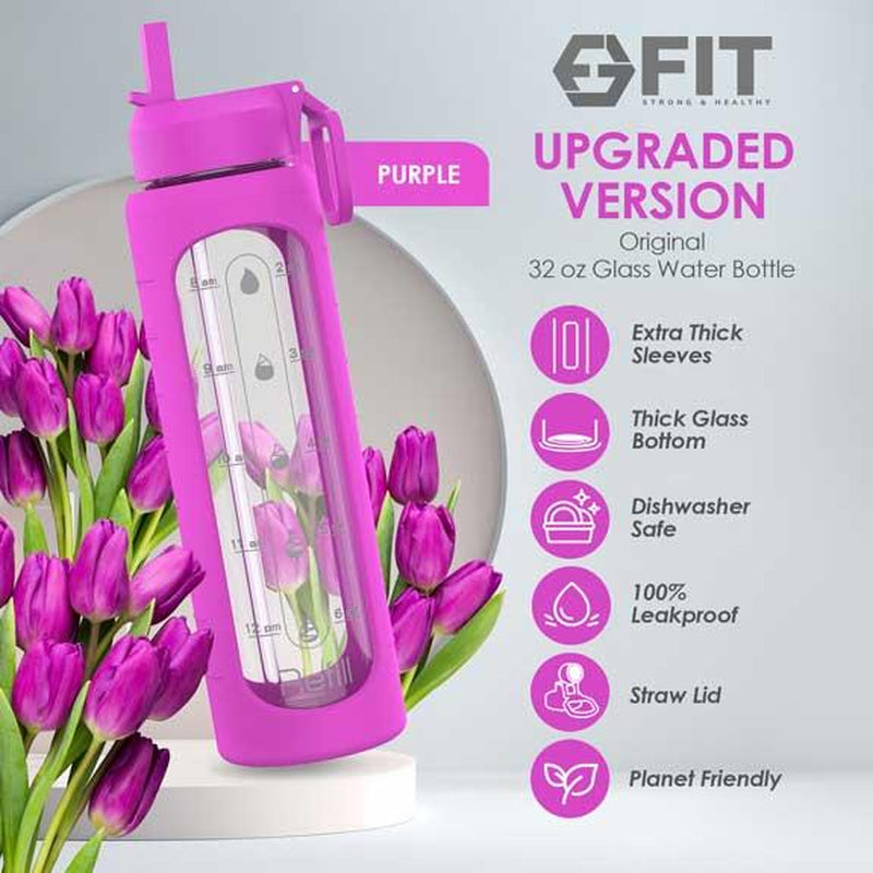 32 Oz Glass Water Bottle with Straw Lid, Time Marker, Silicone Sleeve & Extra Lid (Purple Sleeve)