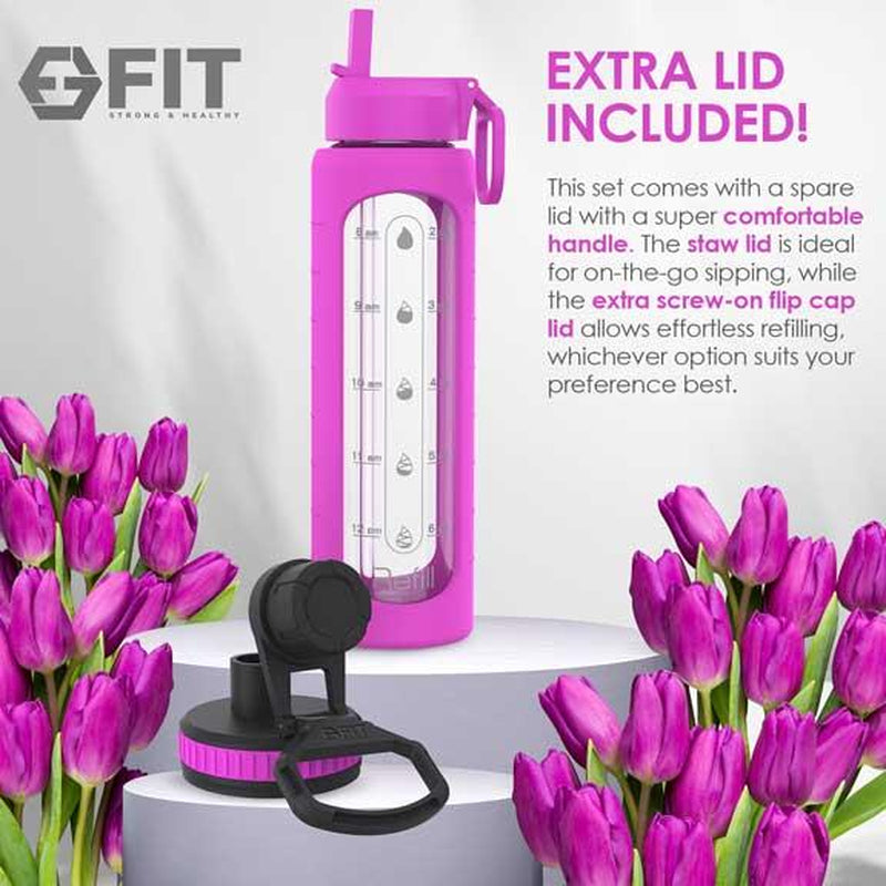 32 Oz Glass Water Bottle with Straw Lid, Time Marker, Silicone Sleeve & Extra Lid (Purple Sleeve)